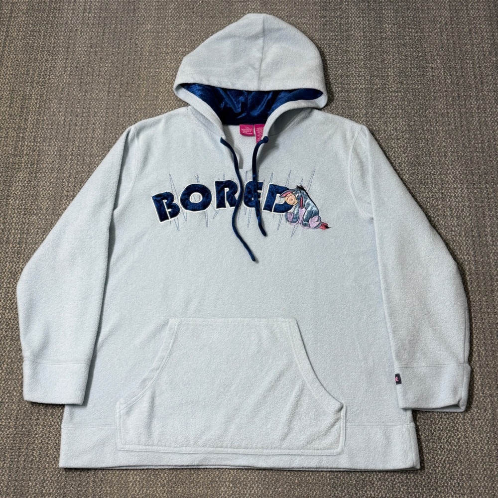 Vintage Disney Eeyore Bored Fleece Hoodie Pullover Blue Women 2X Winnie the Pooh